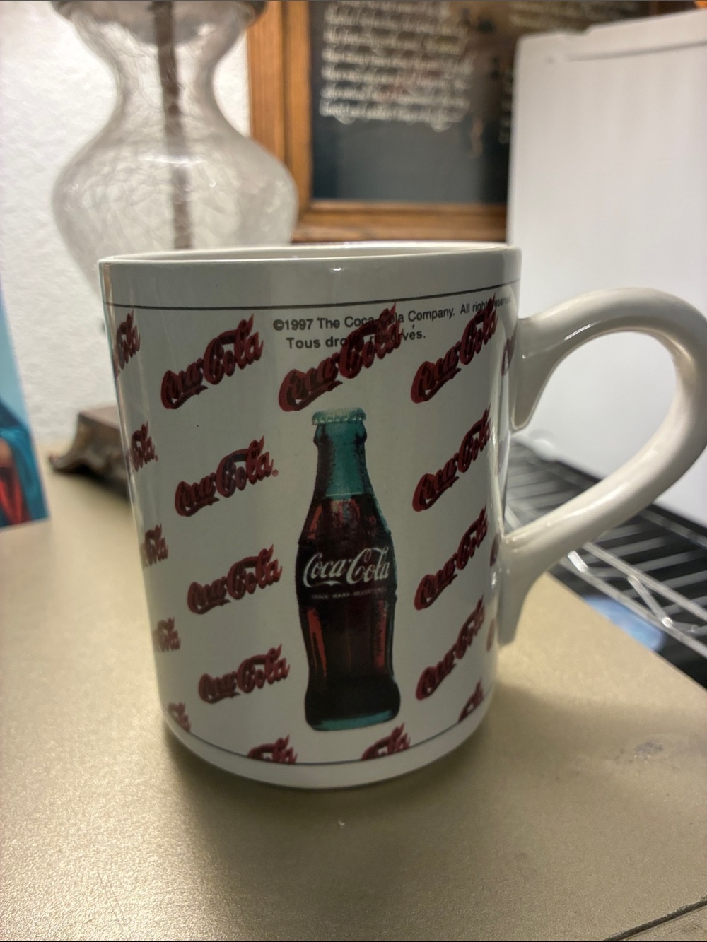 Coca Cola White Ceramic Mug with Red Logo and Bottle Graphic by Gibson 1997